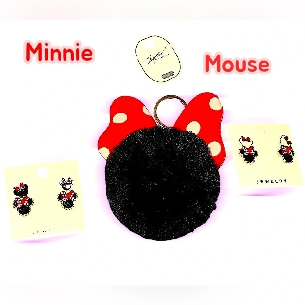 🆕 Minnie Mouse 4 Earrings and Keychain Bundle